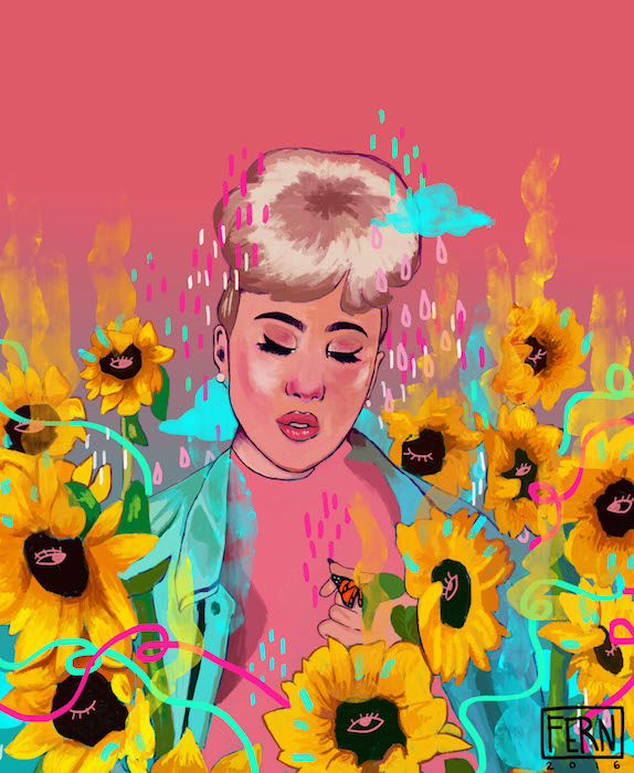 Woman with Sunflowers Raindrops by Nichole Fern Painter Illustrator