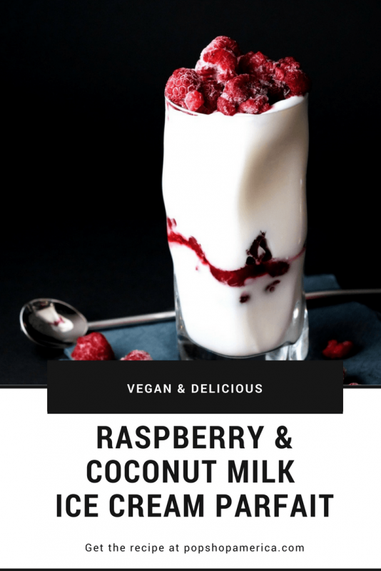 vegan raspberry and coconut milk ice cream parfait recipe title