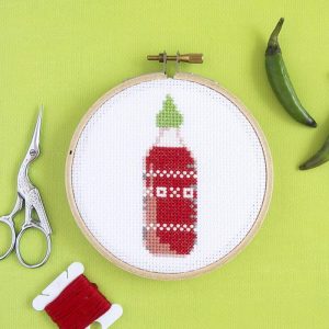 finished cross stitch kit sriracha hot sauce