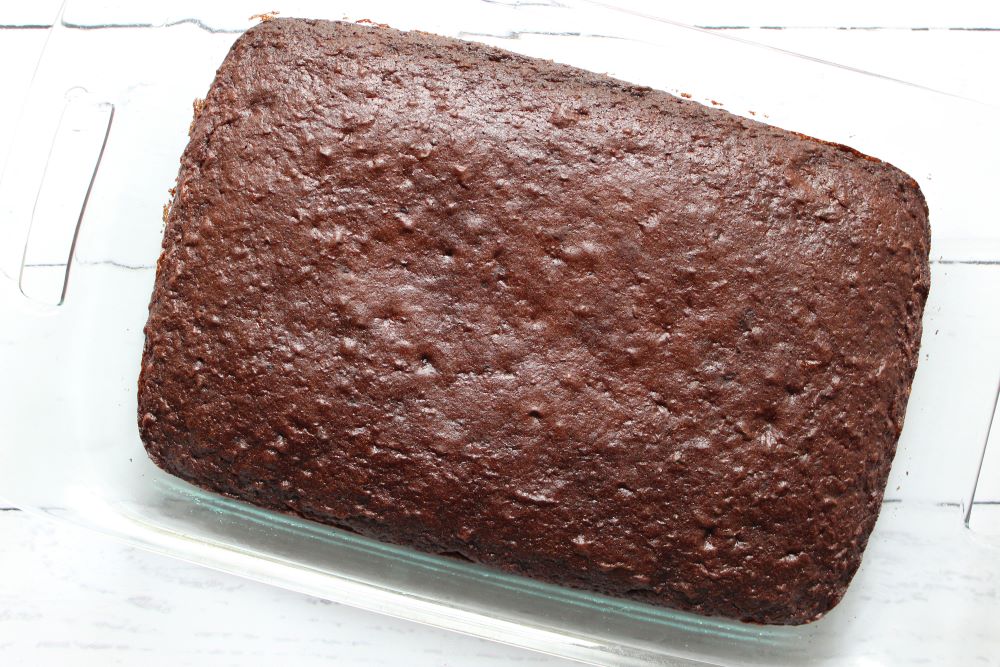 baked brownies in glass pan 1