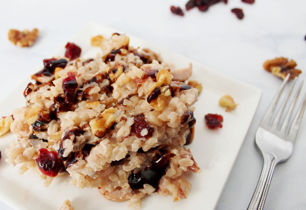 super closeup of instant pot apple cider cranberry risotto 1