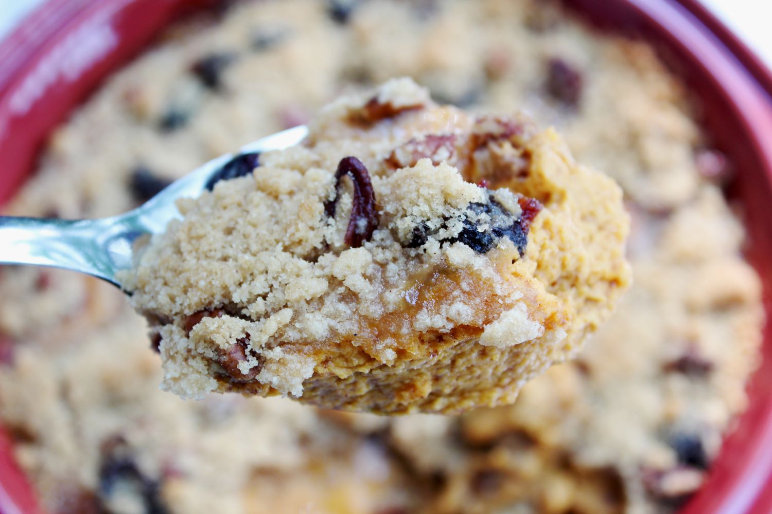 closeup spoonful pumpkin cranberry crumble 1