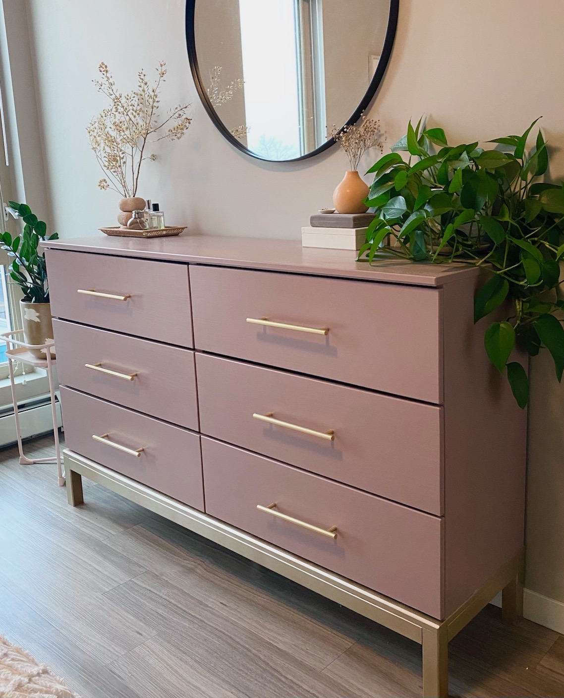 Pink and Gold Ikea Tarva Dresser Hack