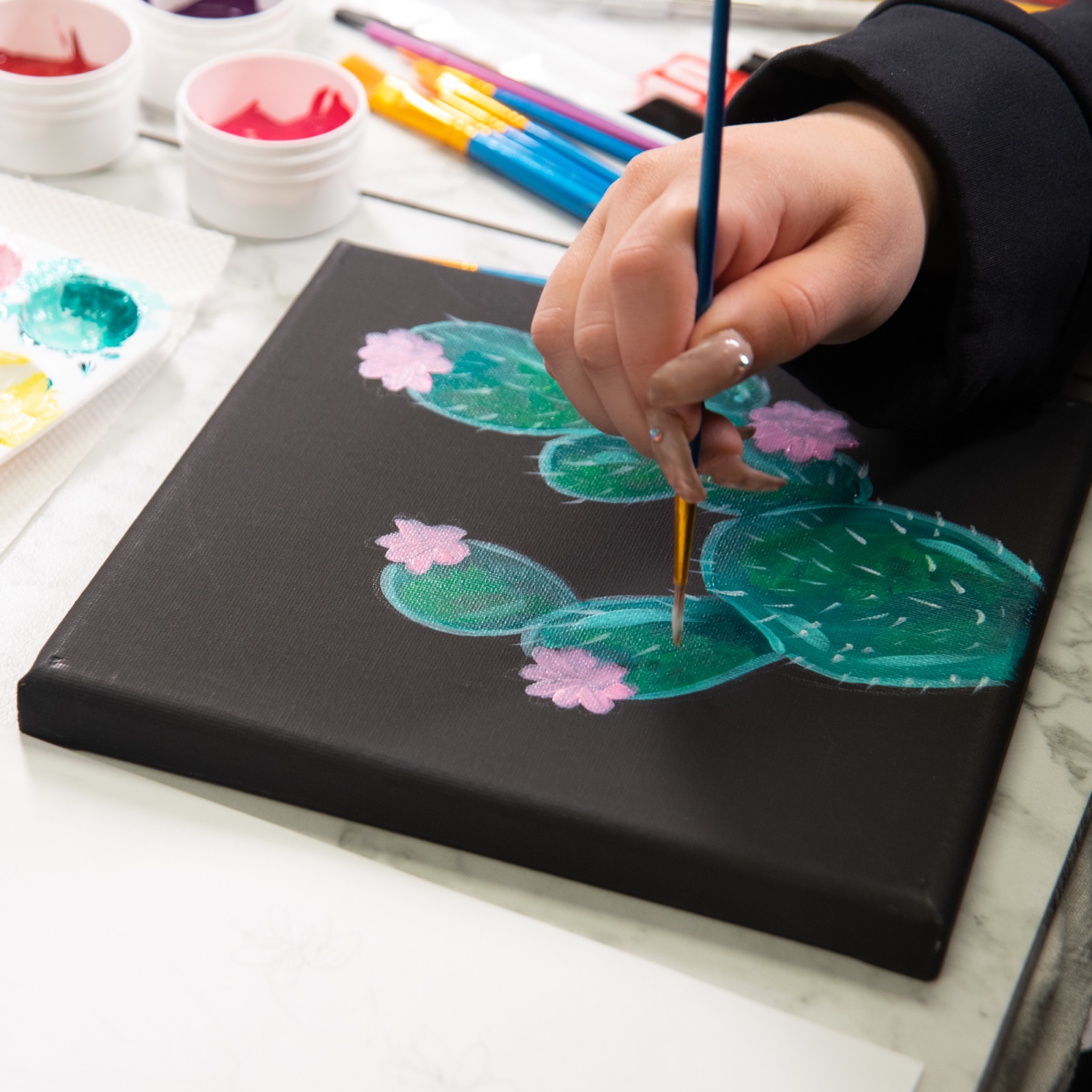 acrylic painting cactus on black canvas tutorial