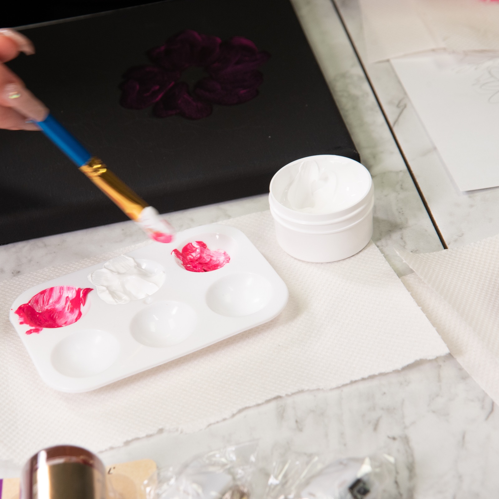 close up of making an underpainting of flowers