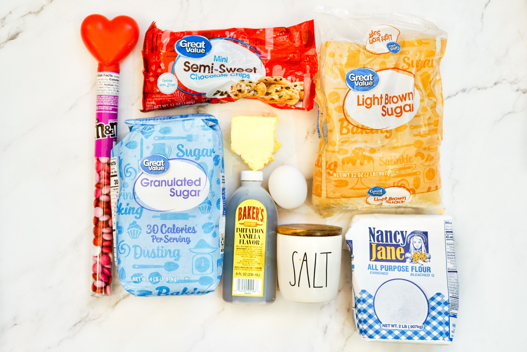 ingredients to make m&m chocolate chip cookies