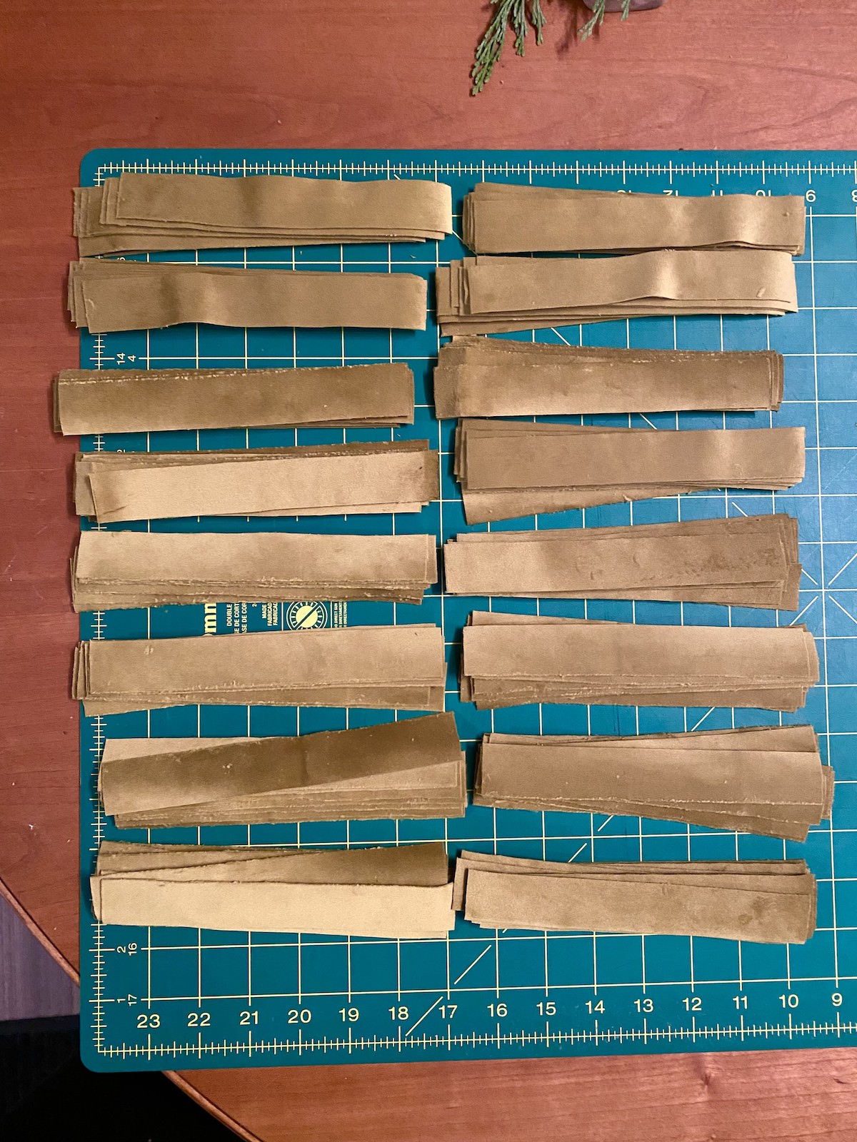 a bunch of strips of velvet ready to be turned into a garland