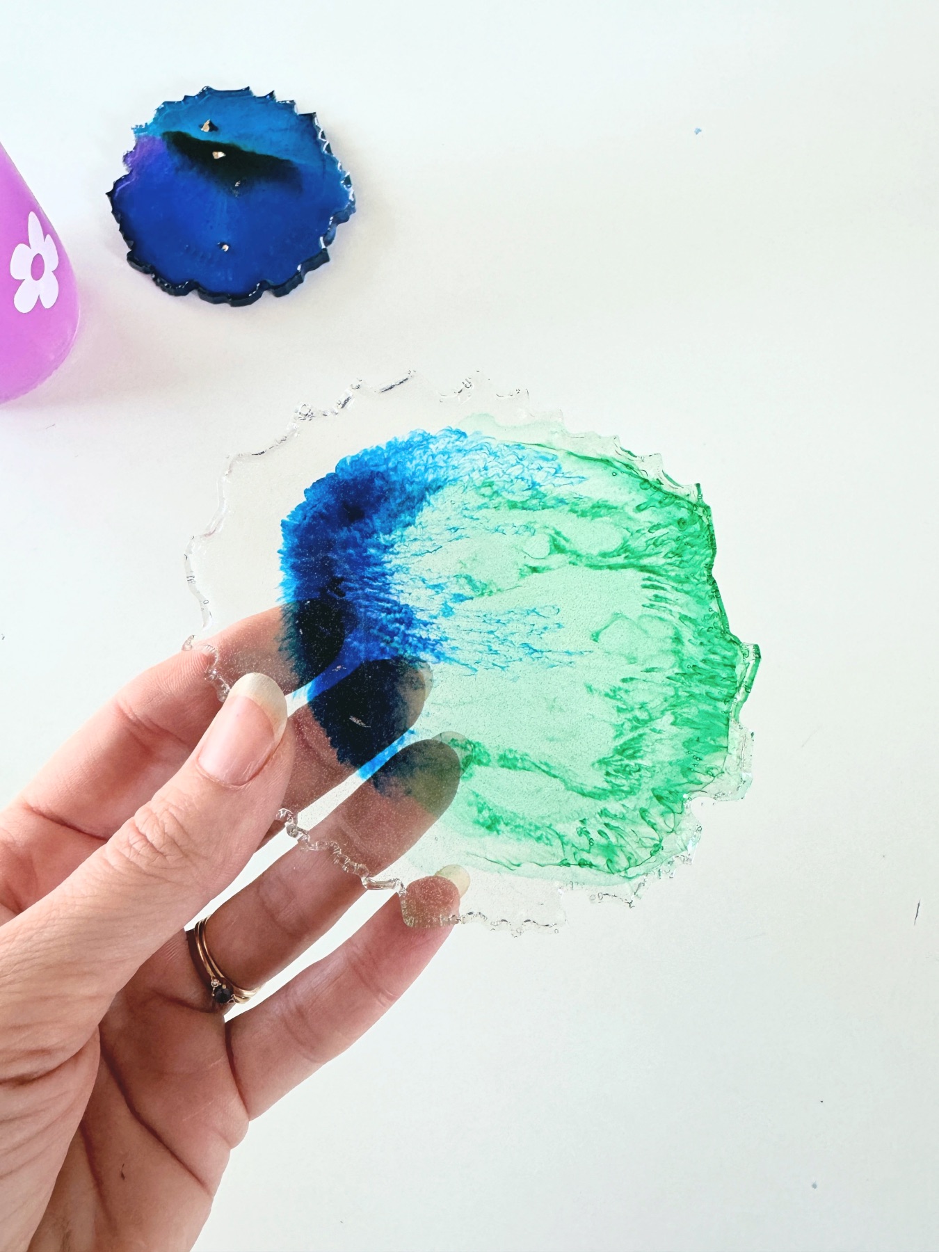 gemstone resin coaster removed from mold