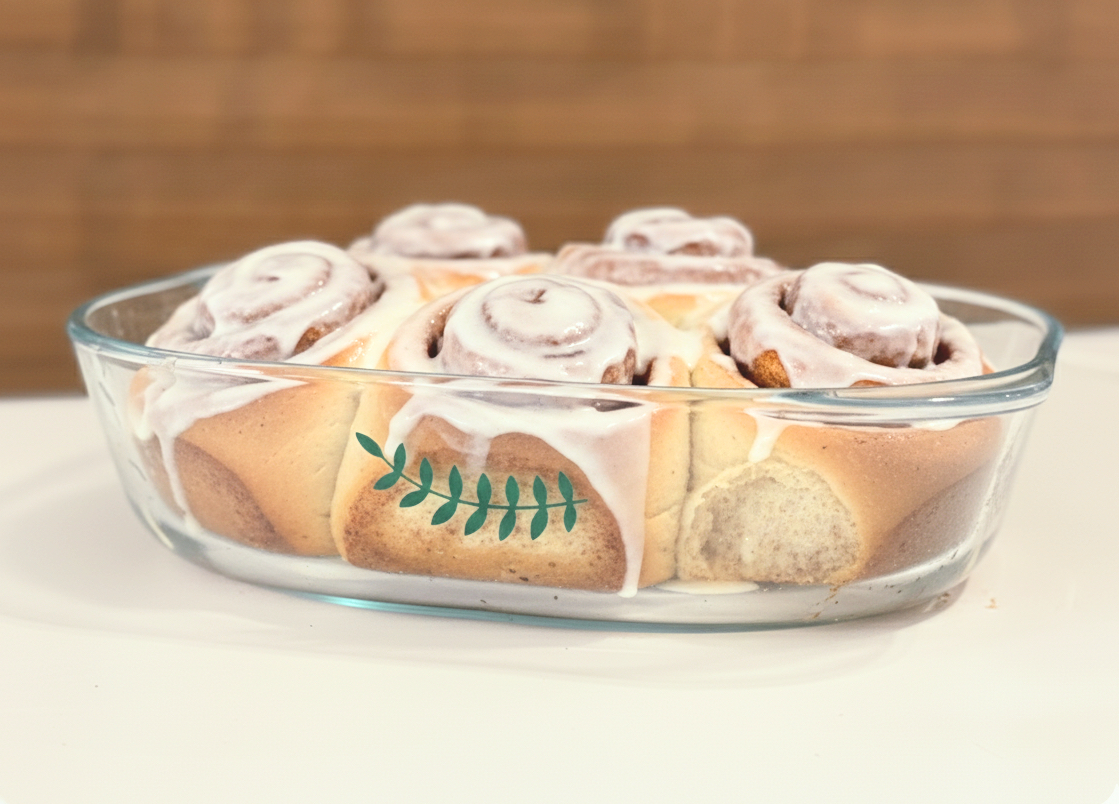 diy glass painted bakeware dish with cinnamon rolls